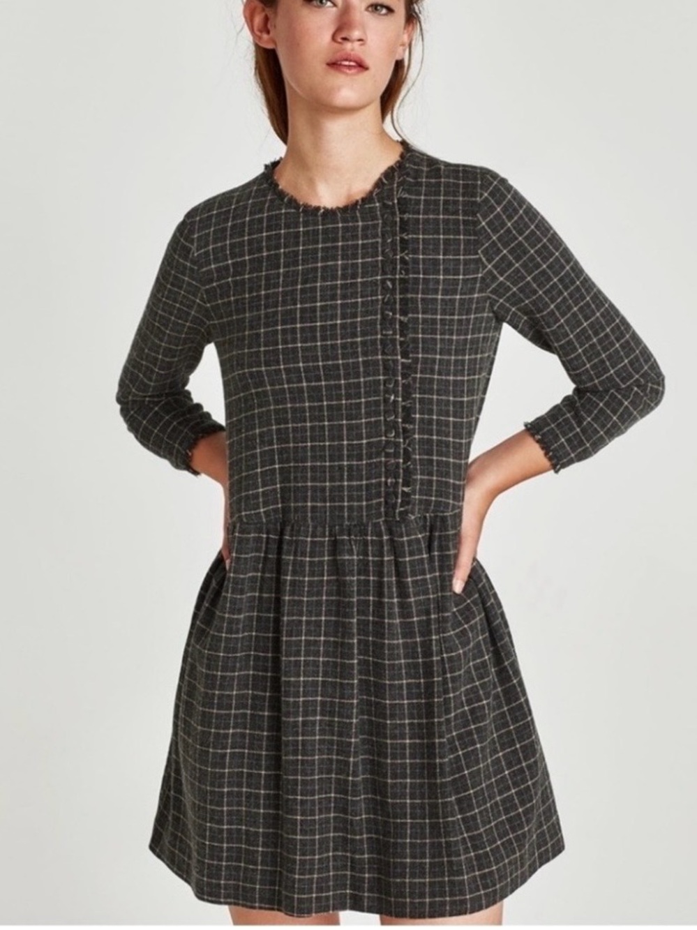 ZARA Gray Plaid Tweed Frayed Trim Drop Waist Long Sleeve Mini Dress Sz M